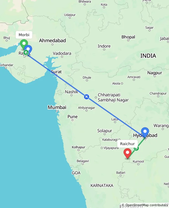 Route map showing distance and travel time from Morbi, India to Raichur, India