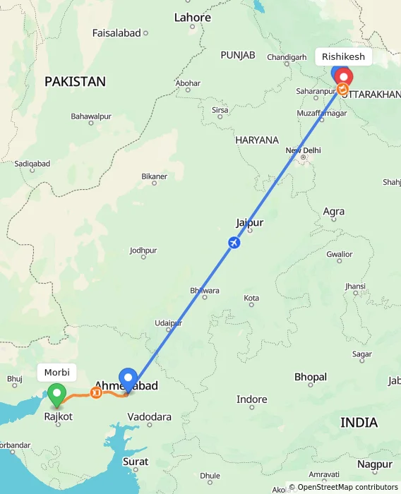 Route map showing distance and travel time from Morbi, India to Rishikesh, India