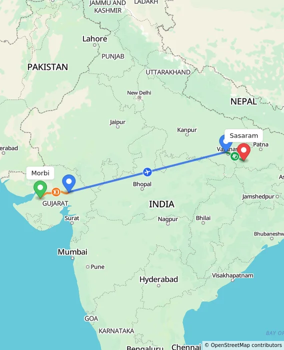 Route map showing distance and travel time from Morbi, India to Sasaram, India