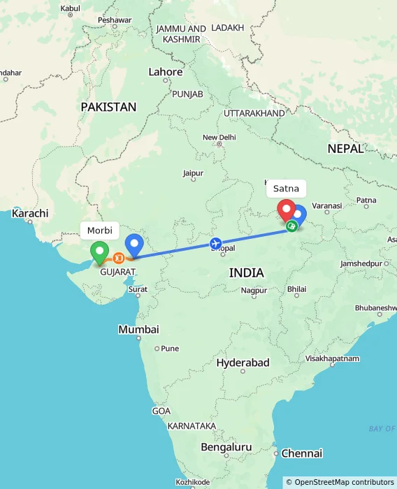 Route map showing distance and travel time from Morbi, India to Satna, India