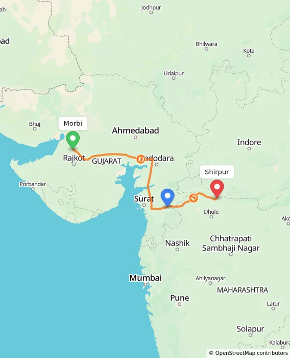 Route map showing distance and travel time from Morbi, India to Shirpur, India