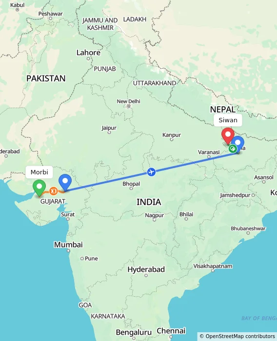 Route map showing distance and travel time from Morbi, India to Siwan, India