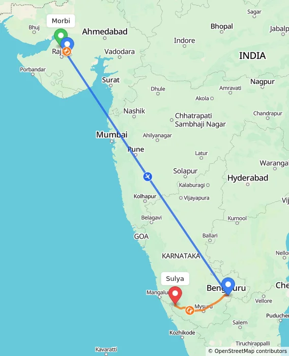 Route map showing distance and travel time from Morbi, India to Sulya, India
