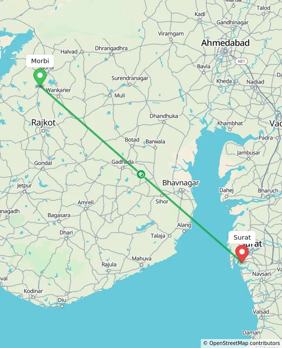 Route map showing distance and travel time from Morbi, India to Surat, India