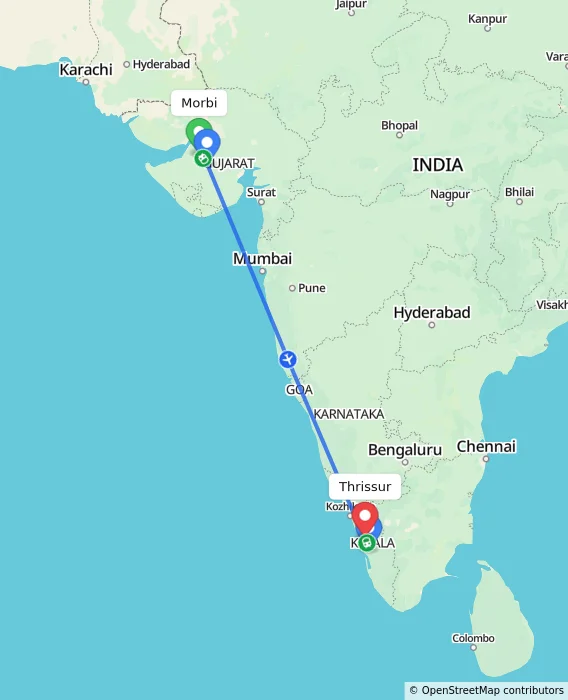Route map showing distance and travel time from Morbi, India to Thrissur, India