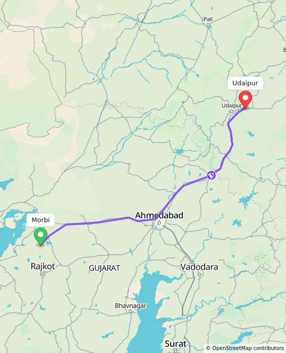 Route map showing distance and travel time from Morbi, India to Udaipur, India