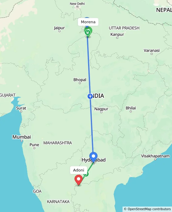 Route map showing distance and travel time from Morena, India to Adoni, India