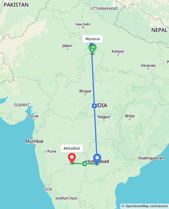 Route map showing distance and travel time from Morena, India to Akkalkot, India