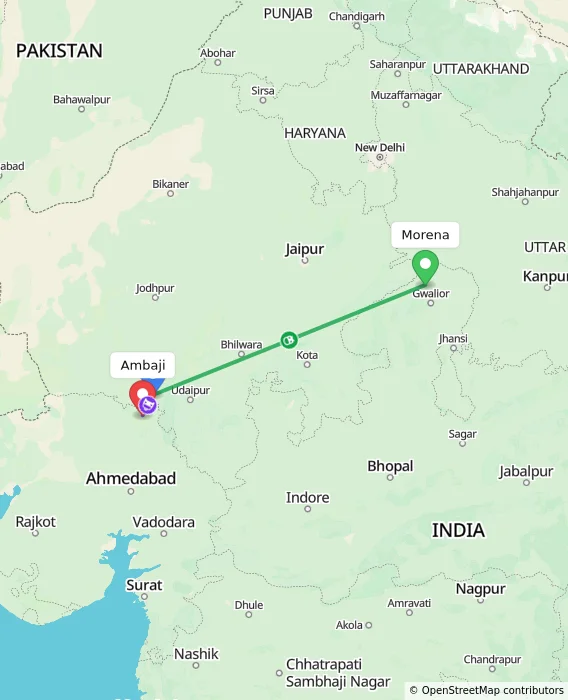 Route map showing distance and travel time from Morena, India to Ambaji, India