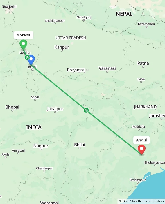 Route map showing distance and travel time from Morena, India to Angul, India