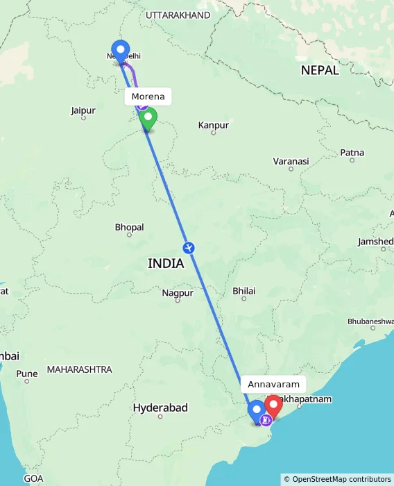 Route map showing distance and travel time from Morena, India to Annavaram, India