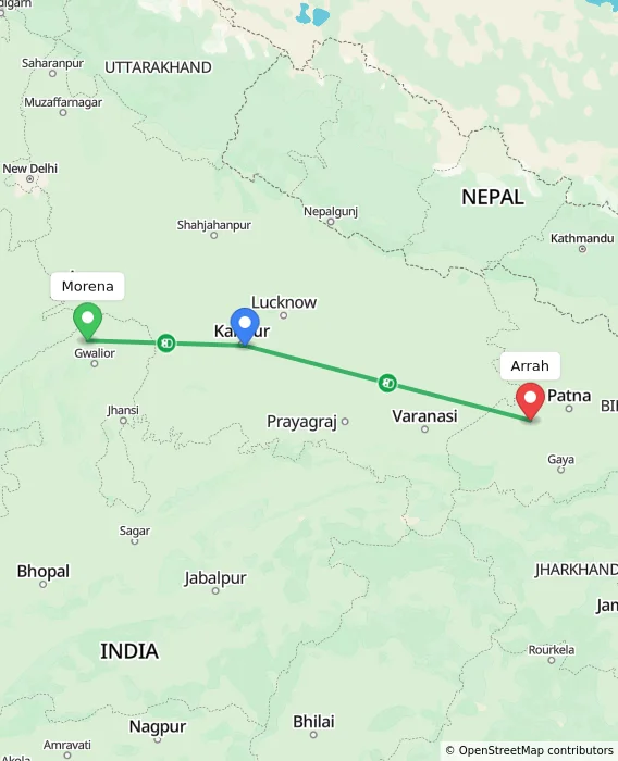 Route map showing distance and travel time from Morena, India to Arrah, India