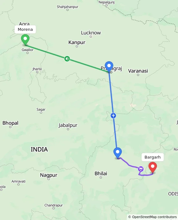 Route map showing distance and travel time from Morena, India to Bargarh, India