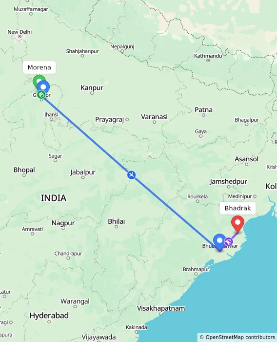 Route map showing distance and travel time from Morena, India to Bhadrak, India