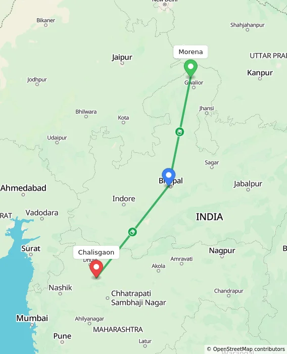 Route map showing distance and travel time from Morena, India to Chalisgaon, India