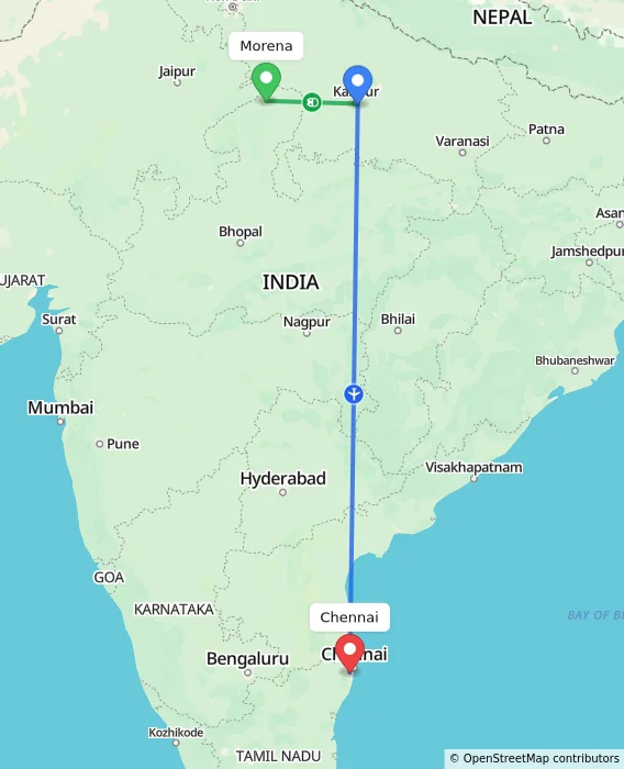 Route map showing distance and travel time from Morena, India to Chennai, India