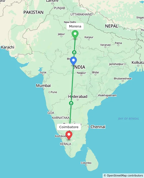 Route map showing distance and travel time from Morena, India to Coimbatore, India
