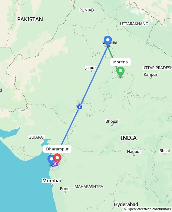 Route map showing distance and travel time from Morena, India to Dharampur, India