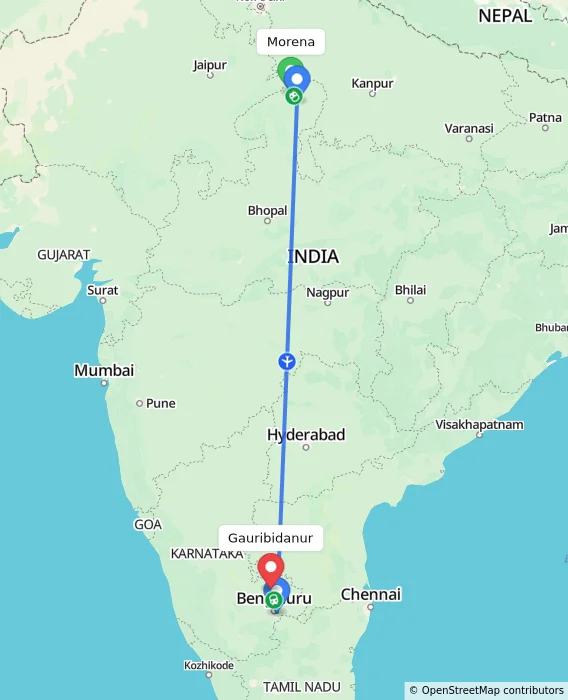 Route map showing distance and travel time from Morena, India to Gauribidanur, India