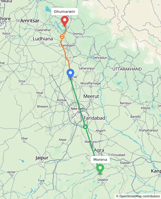 Route map showing distance and travel time from Morena, India to Ghumarwin, India