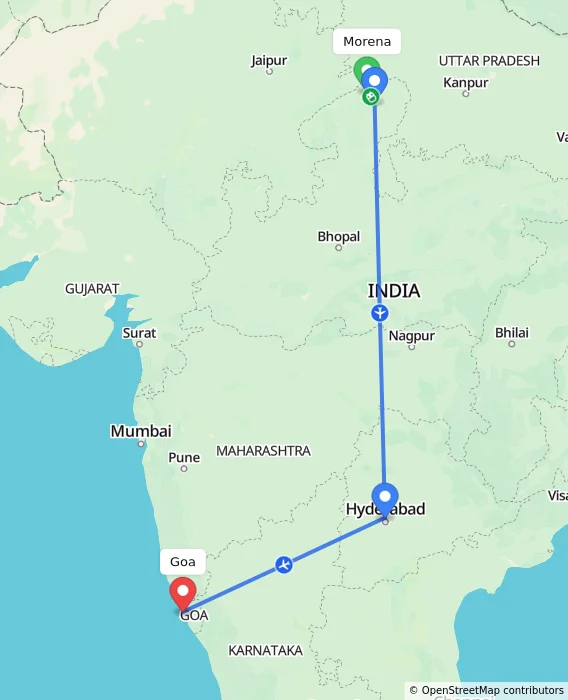 Route map showing distance and travel time from Morena, India to Goa, India
