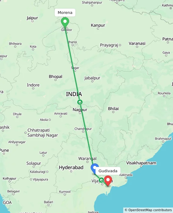 Route map showing distance and travel time from Morena, India to Gudivada, India