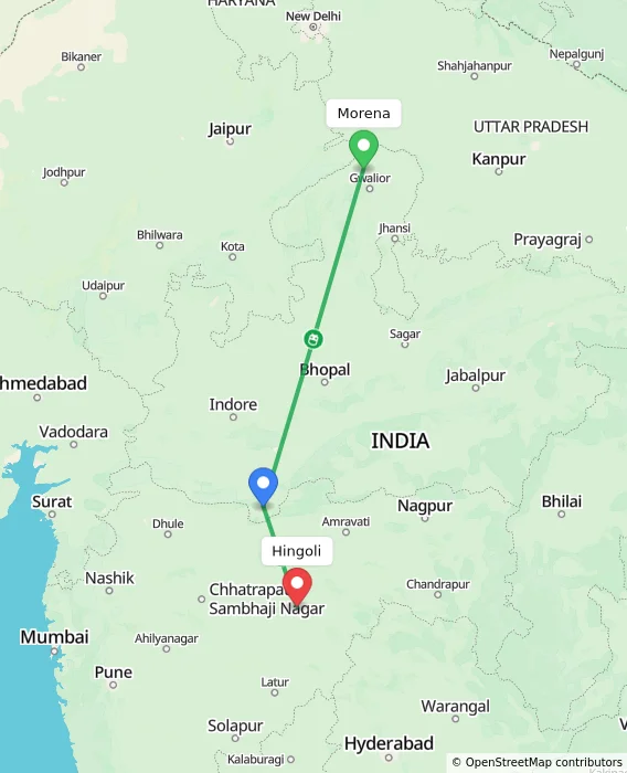 Route map showing distance and travel time from Morena, India to Hingoli, India