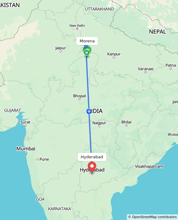 Route map showing distance and travel time from Morena, India to Hyderabad, India
