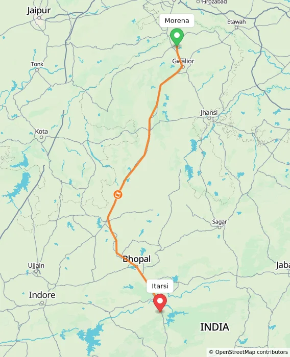 Route map showing distance and travel time from Morena, India to Itarsi, India