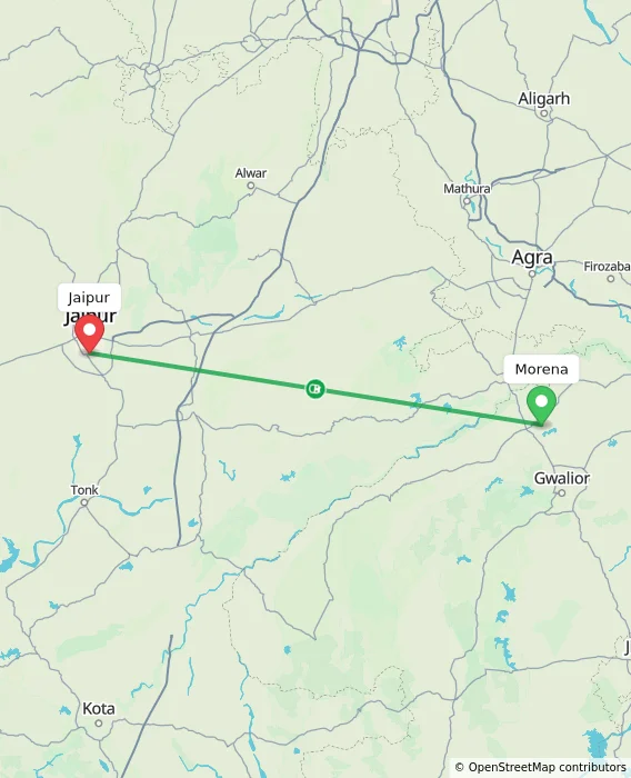 Route map showing distance and travel time from Morena, India to Jaipur, India