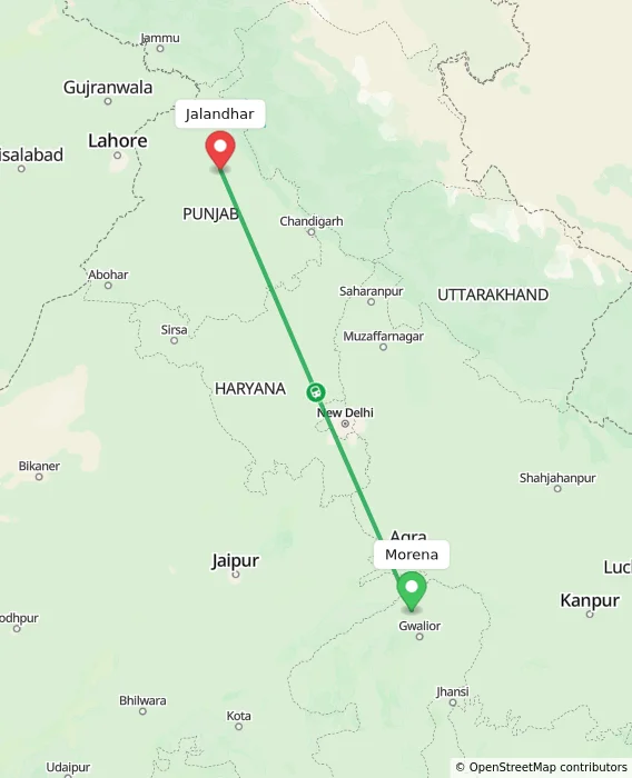 Route map showing distance and travel time from Morena, India to Jalandhar, India