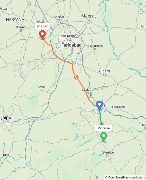 Route map showing distance and travel time from Morena, India to Jhajjar, India