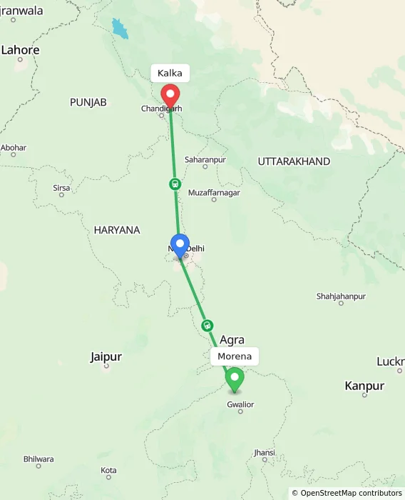 Route map showing distance and travel time from Morena, India to Kalka, India