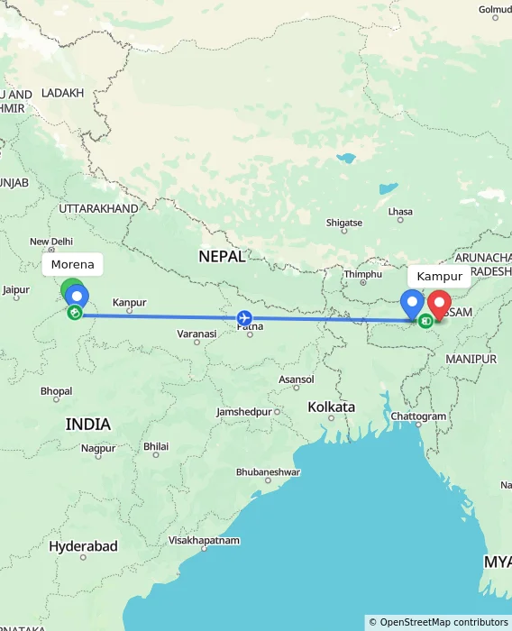 Route map showing distance and travel time from Morena, India to Kampur, India