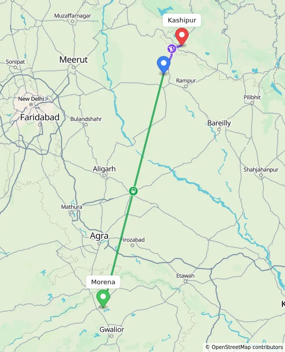 Route map showing distance and travel time from Morena, India to Kashipur, India