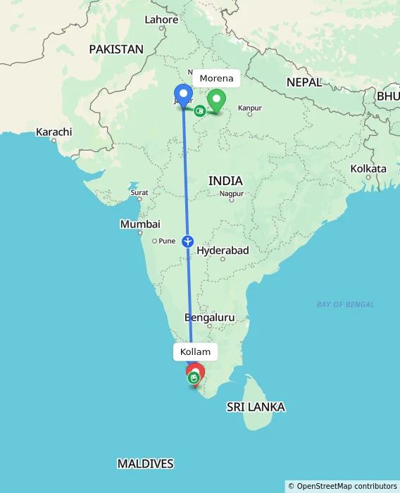 Route map showing distance and travel time from Morena, India to Kollam, India
