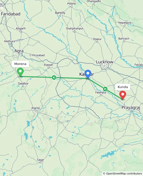 Route map showing distance and travel time from Morena, India to Kunda, India