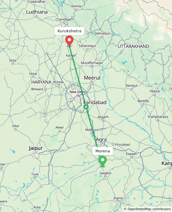 Route map showing distance and travel time from Morena, India to Kurukshetra, India