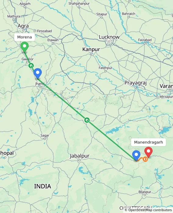 Route map showing distance and travel time from Morena, India to Manendragarh, India
