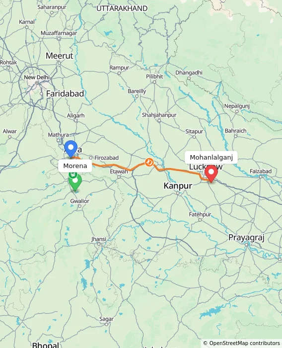 Route map showing distance and travel time from Morena, India to Mohanlalganj, India