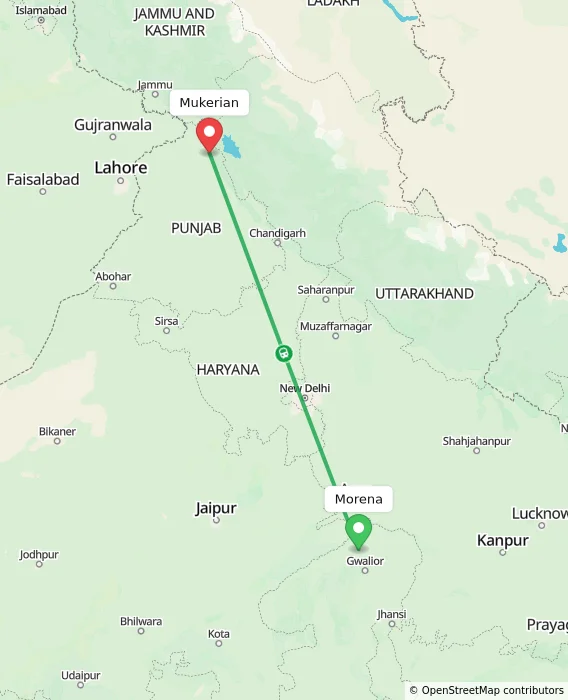 Route map showing distance and travel time from Morena, India to Mukerian, India
