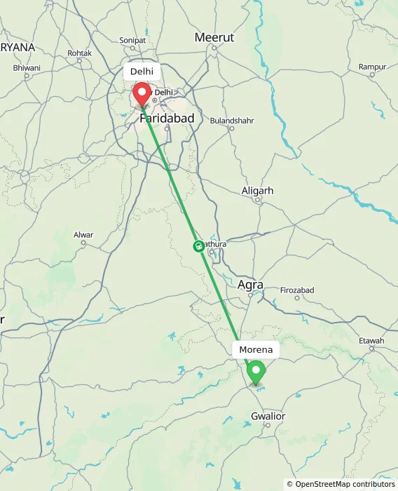 Route map showing distance and travel time from Morena, India to Delhi, India