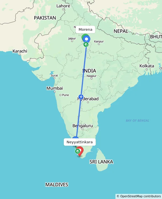 Route map showing distance and travel time from Morena, India to Neyyattinkara, India