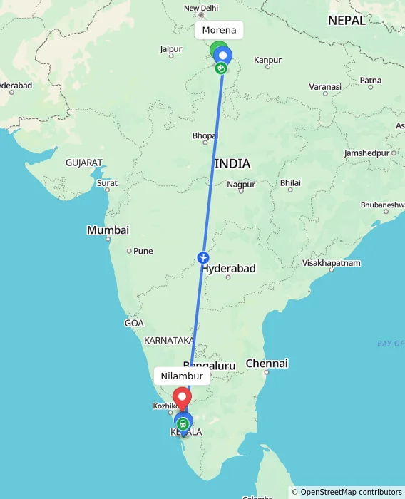Route map showing distance and travel time from Morena, India to Nilambur, India