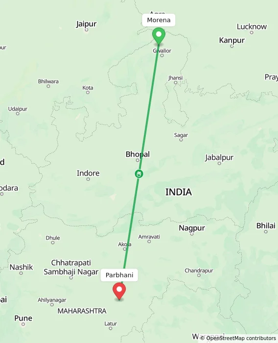 Route map showing distance and travel time from Morena, India to Parbhani, India