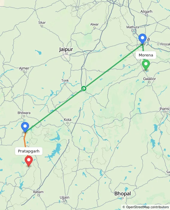 Route map showing distance and travel time from Morena, India to Pratapgarh, India