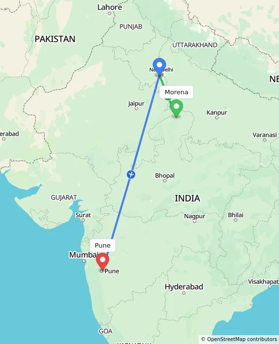 Route map showing distance and travel time from Morena, India to Pune, India