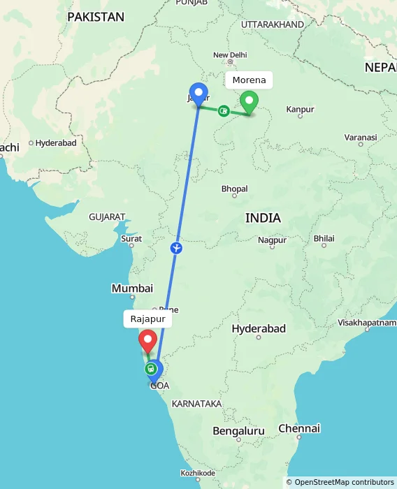Route map showing distance and travel time from Morena, India to Rajapur, India