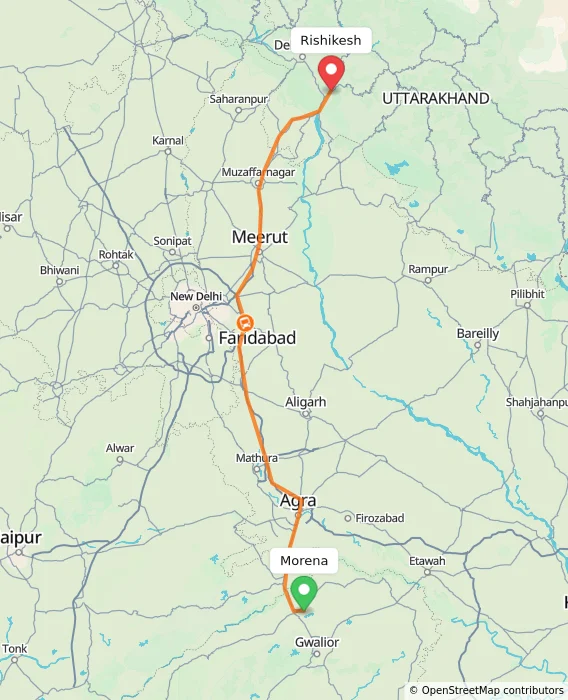 Route map showing distance and travel time from Morena, India to Rishikesh, India