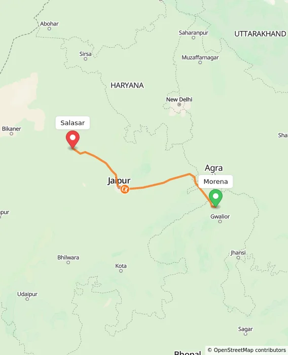 Route map showing distance and travel time from Morena, India to Salasar, India